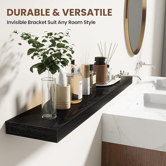 Acovy 72 Inch Floating Shelves for Wall 2 Pack, 72" Wall Shelves for Books, Storage, Decor, Wall Mounted Floating Shelf with Invisible Brackets for Kitchen, Living Room, Black