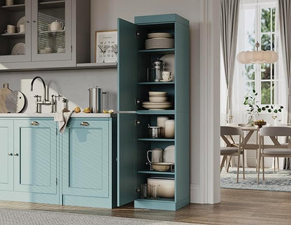 Palace Imports Solid Wood Kitchen Pantry - Narrow Storage Cabinet - Shaker Doors, Adjustable Shelves, Aqua, 16.5" Wide x 71.5" Tall, 100% Eco-Friendly Wood, Modular Pantry Cabinet Systems