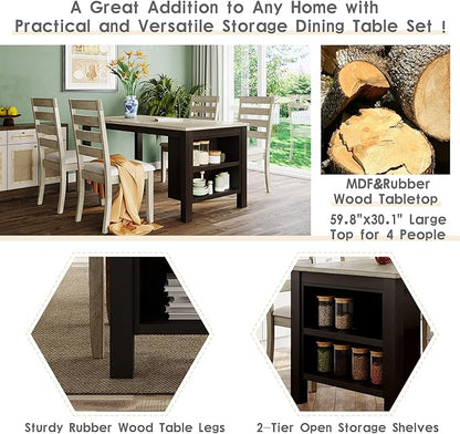5-Piece Dining Table Set, Wood Rectangular Kitchen Table Set with 2-Tier Storage Shelves for 4 Persons, Farmhouse Dining Room Set with 4 Upholstered Chairs Space Saving Bar Pub Table Set