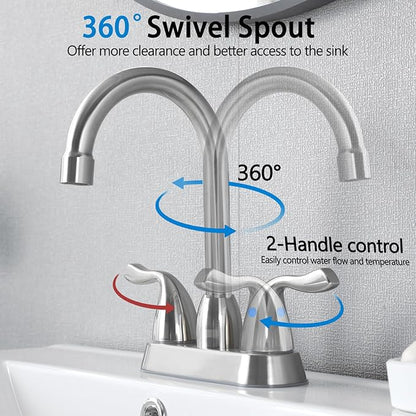 Brushed Nickel Bathroom Sink Faucet, 2 Handle 4 Inch Centerset Bathroom Faucet, 3 Hole Small Bathroom Sink Faucet with Supply Lines and Pop-up Drain, RV faucets for Camper Lavatory Vanity