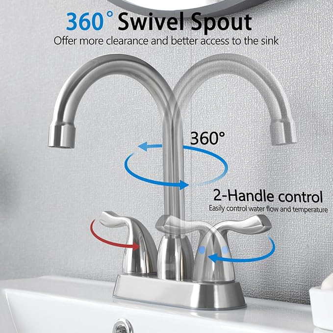 Hotis 2 Pack Bathroom Sink Faucet Brushed Nickel, 4 Inch 2 Handle Bathroom Sink Faucet for 1 or 3 Hole, Centerset Bathroom Faucet for Sink Vanity, with Pop-up Drain and Supply Hoses, HT-SLYT008L-2-1