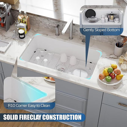30 White Undermount Kitchen Sink, Hugsleek Topmount & Undermount Kitchen Sink 30x18 inch White Porcelain Ceramic Fireclay Sinks Dual Mount Accessories Single Bowl Under Counter Sinks Basin Drop In
