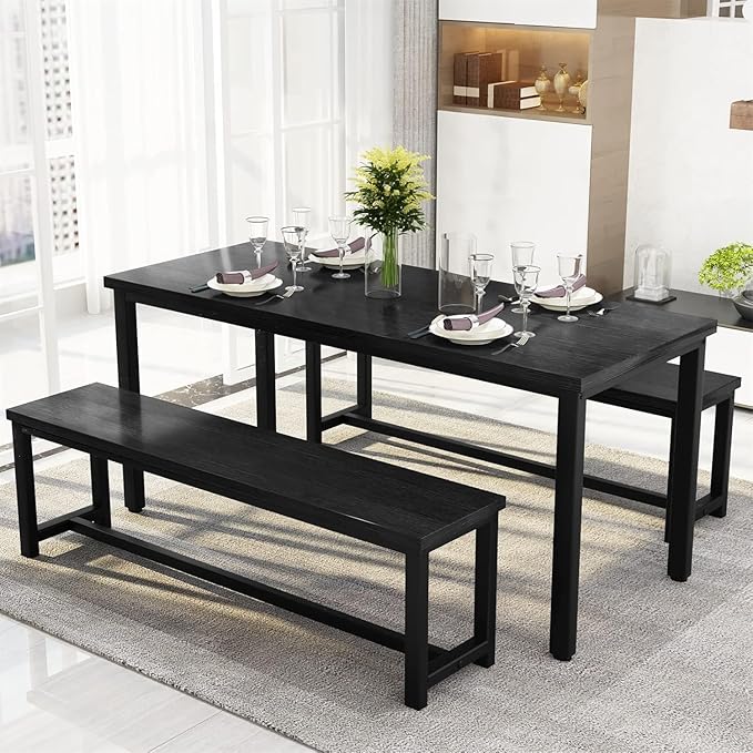 Recaceik 47” Dining Table Set for 4, 3-Piece Kitchen Table with 2 Benches, Wood Kitchen Table and Chair Set, Space-Saving Dining Room Set Dinette Set for Breakfast Nook and Small Space, Black