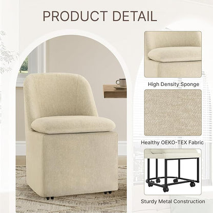 KISLOT Upholstered Dining Chairs Set of 1 with Casters, Modern Side Armless Deskchair with Washable Slipcover & Sturdy Metal Frame for Diningroom Bedroom Livingroom Reading Room, Sand Fabric
