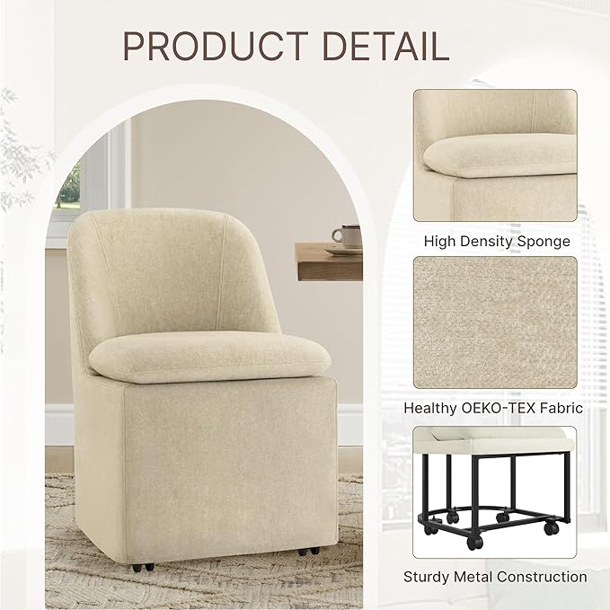 KISLOT Upholstered Dining Chairs Set of 2 with Casters, Modern Side Armless Deskchair with Washable Slipcover & Sturdy Metal Frame for Diningroom Bedroom Livingroom Reading Room, Sand Fabric