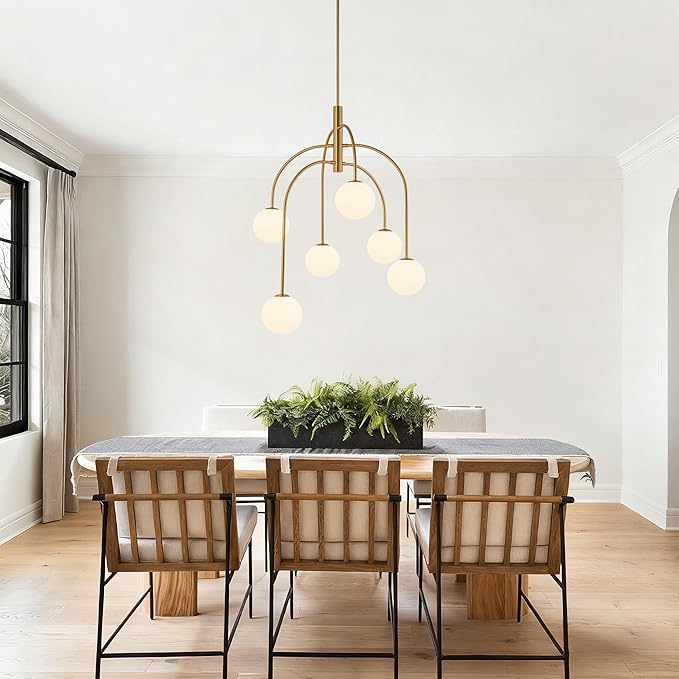 LamQee 6 Lights Mid Century Modern Chandelier, Milk Glass Globe Chandelier Light Fixture with Gold Metal & White Ball, Large Pendant Lighting Ceiling Hanging for Dining Room Kitchen Island Entryway
