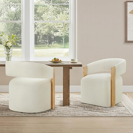 KISLOT Upholstered Dining Chairs with Casters, Modern Barrel Side Armchair with Rollers & Wooden Armrest for Dining Room, Bedroom, Kitchen, Reading Room, Beige, Set of 2