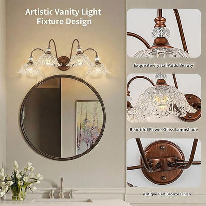 Antique Red Bronze Finish Bathroom Vanity Light, 4-Light Vintage Vanity Light with Floral Clear Glass Shades, Retro Wall Mount Lighting for Bathroom, Dressing Table