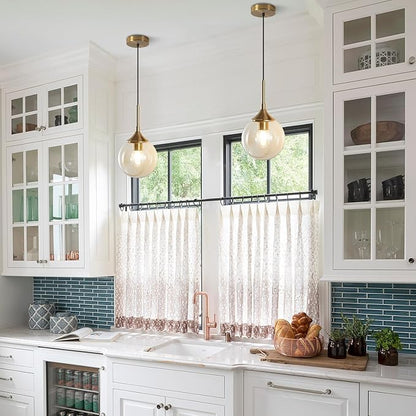 KCO Lighting Mid Century Modern Kitchen Island Pendant Lighting Gold 1-Light Amber Glass Globe Pendant Light Brushed Brass Large Living Room Pendant Light Fixture (2 Pack)