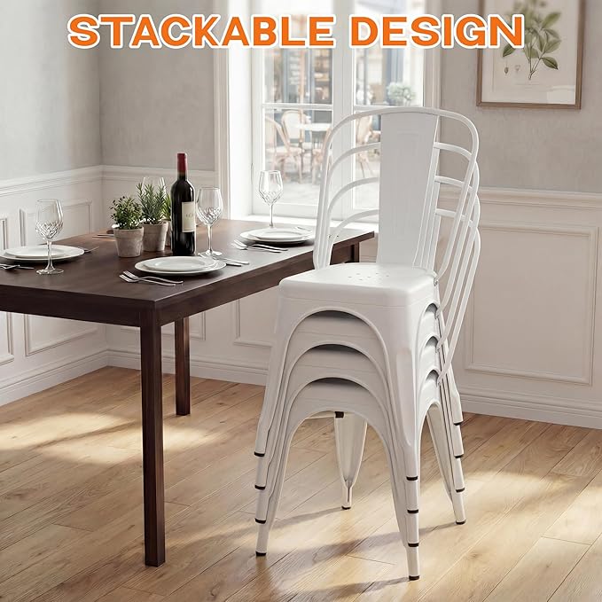 Shahoo Metal Dining Chairs Classic Iron Stackable Industrial Vintage Trattoria with Back, Indoor-Outdoor Side Settee for Home Bistro Cafe Kitchen Restaurant Set of 4, White