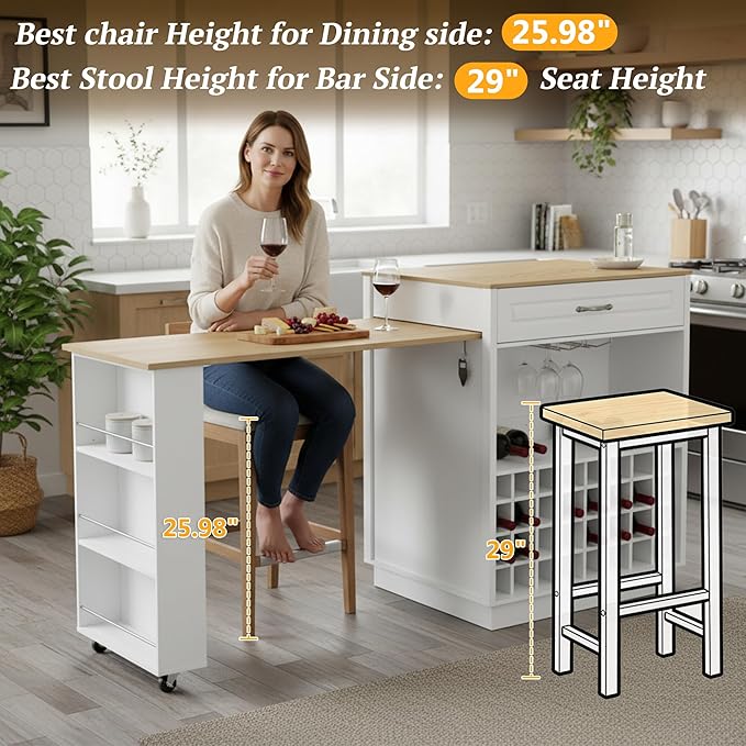73” Kitchen Island with Extendable Dining Table, Multifunctional Wine Cabinet with 1 Door, 5 Drawers, Open Side Shelves, Wine Rack, Stemware Holder, Rolling Wheels, Chairs Not Include, White+Natural