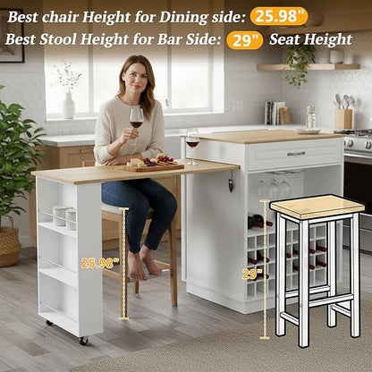 73” Kitchen Island with Extendable Dining Table, Multifunctional Wine Cabinet with 1 Door, 5 Drawers, Open Side Shelves, Wine Rack, Stemware Holder, Rolling Wheels, Chairs Not Include, White+Natural