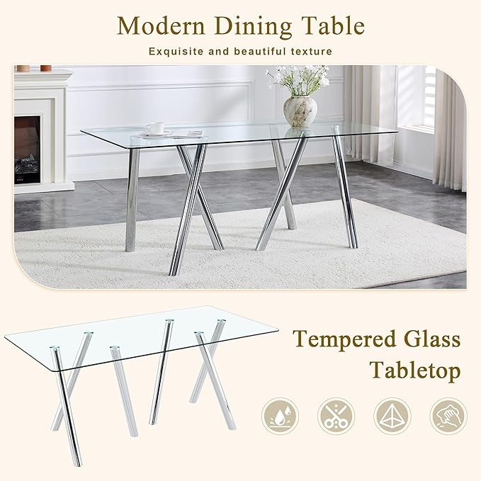 71" Glass Silver Dining Table for 4 6, Modern Kitchen Dining Room Table with 0.39" Thick Tempered Glass Tabletop and Metal Legs, Large Rectangle Dinner Tables for Home Kitchen Living Room