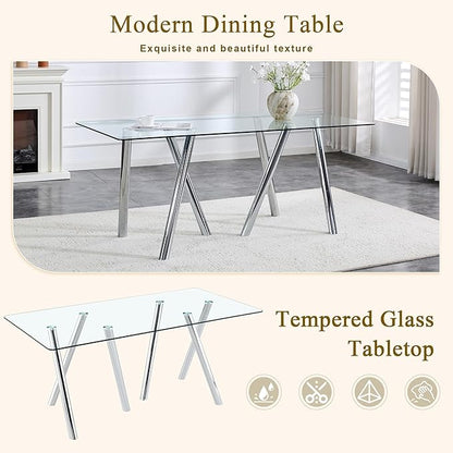 71" Glass Dining Table for 6-8, Modern Dining Room Table with 0.39" Tempered Glass Top and 6 Silver Metal Round Tube Legs, Rectangle Kitchen Dinner Table for Dining Room