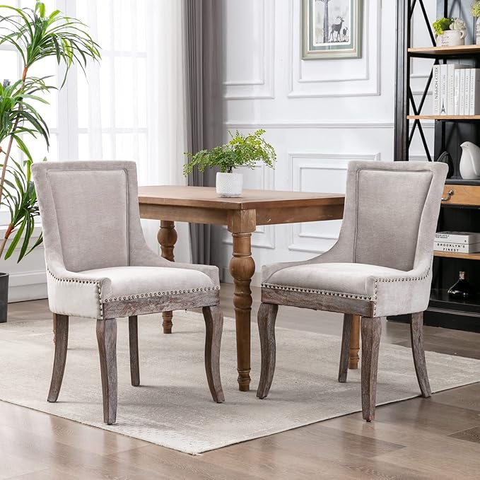 2 Pieces Dining Chair, Bar Chairs, Kitchen Island Chairs, Thickened Fabric Chairs with Neutral Toned Solid Wood Legs, Bronze Nail Head Accent, Sturdy Structure, for Living Room Dining Room, Beige