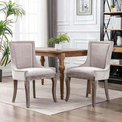2 Pieces Dining Chair, Bar Chairs, Kitchen Island Chairs, Thickened Fabric Chairs with Neutral Toned Solid Wood Legs, Bronze Nail Head Accent, Sturdy Structure, for Living Room Dining Room, Beige