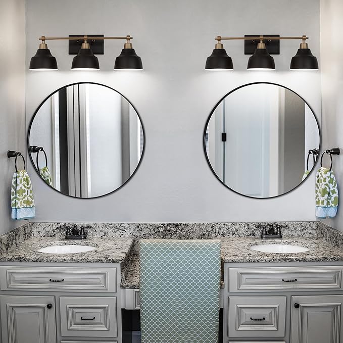 LALUZ Black Bathroom Vanity Light Fixtures, 3-Light Brass Modern Farmhouse Gold Vanity Wall Lamp Over Mirror with Metal Globe for Hallway, Bedroom, Kitchen, and Living Room