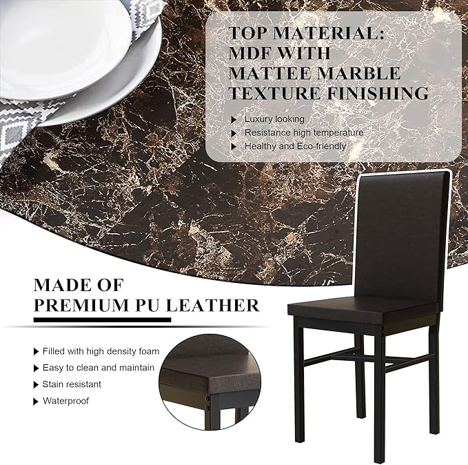tantohom Dining Table Set for 4, Space Saving Kitchen Table and Chairs Set of 4, 5 Piece Modern Dining Room Table Set with Faux Marble Top and PU Leather Chairs for Small Space, Apartment