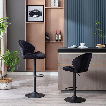 Rhomtree 24-32 Inch Swivel Bar Stools, Adjustable Counter Height Barstools, Velvet Tufted Upholstered and Footrest Barstools, Upholstered Bar Chairs for Home Bar Kitchen Island(Black Set of 2)