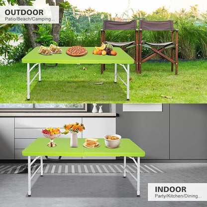 Portable 4Ft Adjustable Height Plastic Folding Table, Heavy Duty Fold-in-Half Table with Carrying Handle, Small Utility Foldable Table for Picnic Party Camping BBQ, Indoor/Outdoor (Green)