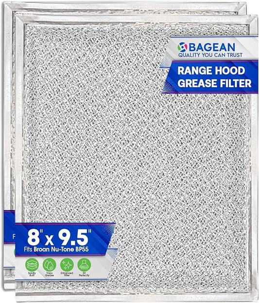 Bagean Stove Hood Vent Filter 8" x 9.5" BP55 Compatible with Broan Range Hood Filter Replacement and NuTone Kitchen Exhaust Fan - Aluminum Screen Blocks Grease & Filters Over Oven Air (2-Pack)
