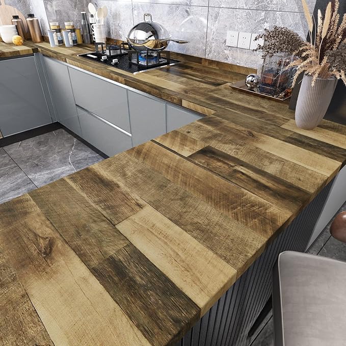 WESTICK Wide Brown Faux Wood Wallpaper for Cabinets 30"x200" Kitchen Countertop Peel and Stick Waterproof Wood Contact Paper Self Adhesive Wooden Shiplap Vinyl Roll for Countertops Dining Tables