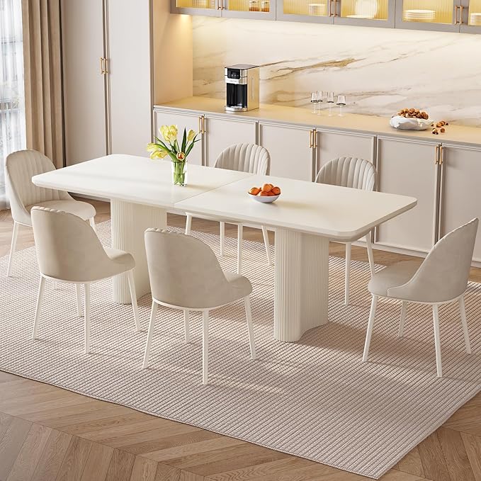 Miuuod Extra Large Modern Kitchen & Dining Table Set, White, 79" Rectangle, 4-8 Seater, Stable Frame, Cream White