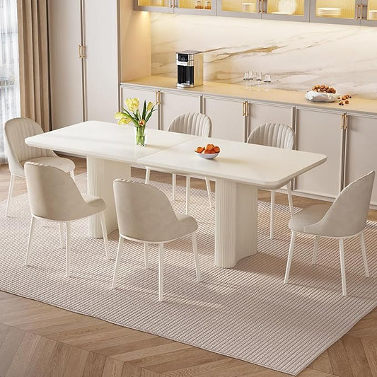 Miuuod Extra Large Modern Kitchen & Dining Table Set, White, 79" Rectangle, 4-8 Seater, Stable Frame, Cream White