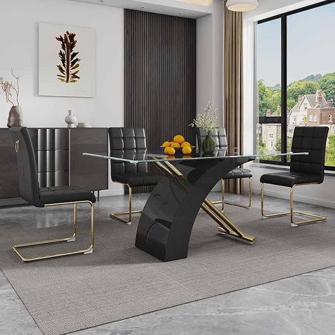 5-Piece Glass Dining Table Set, 63" White Kitchen Table with X-Shape MDF Base, Dining Room Set for 4 with 4 Leather Upholstered Chair for Kitchen, Dining Room (Black,Gold)