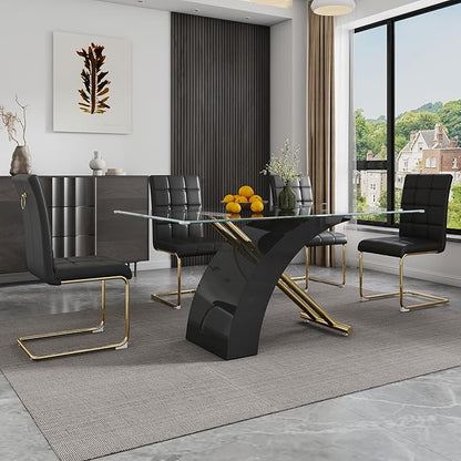 5-Piece Glass Dining Table Set, 63" White Kitchen Table with X-Shape MDF Base, Dining Room Set for 4 with 4 Leather Upholstered Chair for Kitchen, Dining Room (Black,Gold)
