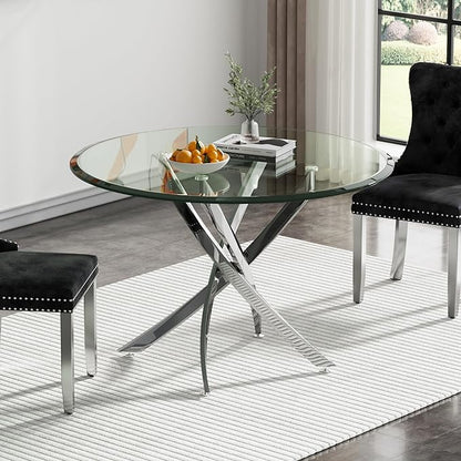 36" Glass Dining Table for 2-4, Modern Dining Room Table with 0.39" Tempered Glass Top and Cross X-Shaped Silver Stainless Steel Base, Round Kitchen Dinner Table for Dining Room