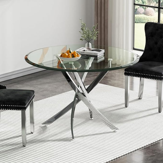 36" Glass Dining Table for 2-4, Modern Dining Room Table with 0.39" Tempered Glass Top and Cross X-Shaped Silver Stainless Steel Base, Round Kitchen Dinner Table for Dining Room