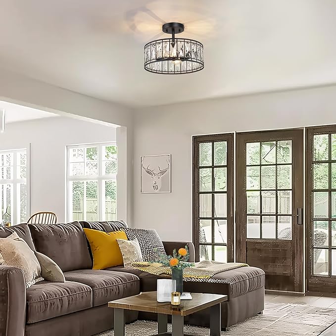 KSANA Modern Farmhouse Crystal Semi Flush Mount Ceiling Light Fixture with Drum Glass Shade for Bedroom, Hallway, Kitchen, Dining & Living Room, Foyer and Bathroom