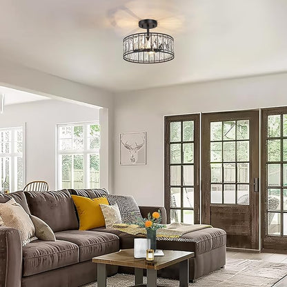 KSANA Modern Farmhouse Crystal Semi Flush Mount Ceiling Light Fixture with Drum Glass Shade for Bedroom, Hallway, Kitchen, Dining & Living Room, Foyer and Bathroom