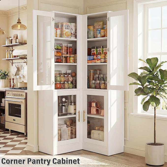 Armocity Corner Bookcase with Doors, 70" Tall Corner Bookshelf Cabinet with LED Lights, 6-Tier Corner Book Shelf for Home Office, Living Room, White