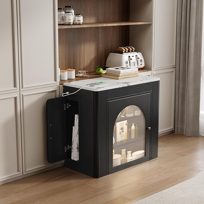 Extendable Dining Table with Storage, LED Lights & Charging Ports- Multifunctional Kitchen Island & Sideboard for Small Spaces, Black