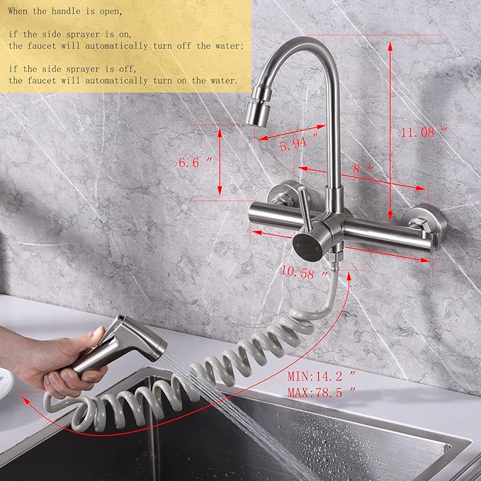 Wall Mount Kitchen Faucet with Side Sprayer, Commercial Sink Faucet 8 Inch Center, 360 Swivel Spout, Dual Functional Sprayer, Utility Sink Mixing, 304 Stainless Steel, Brushed Nickel Finish