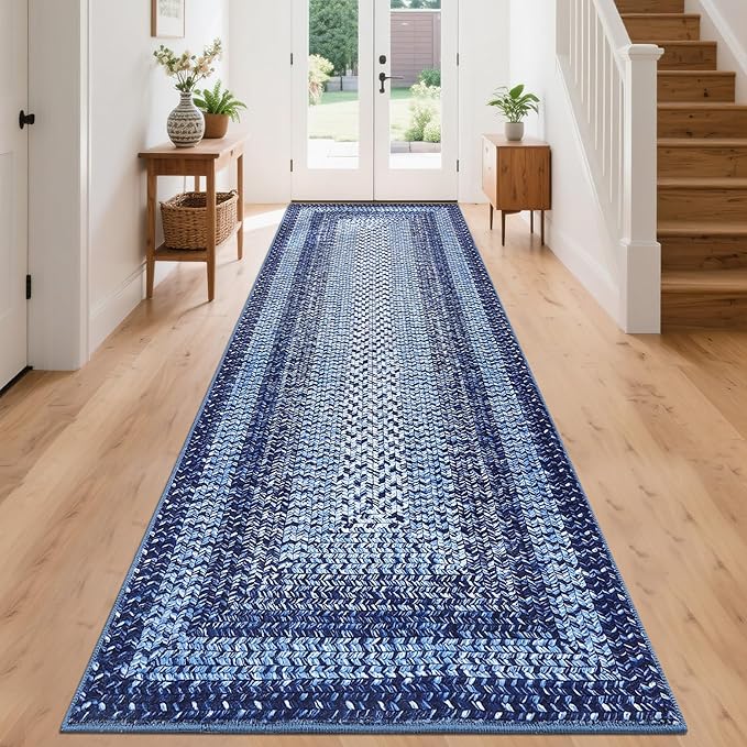 Printed Washable Runner Rug 2x10 Runners for Hallways Braided Rug Non Slip Bath Mat Modern Soft Bedroom Rug Farmhouse Kitchen Rugs Entryway Rugs Stain Resistant Carpet 2'x10' Navy
