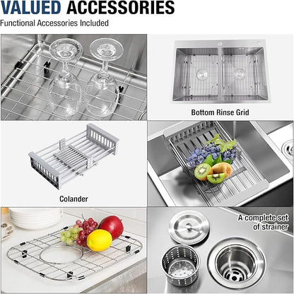 33" x 22" x 9" Drop-In Double Bowl Kitchen Sink, Topmount Stainless Steel with Satin Finish, Soundproofing & Protective Bottom Grid