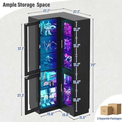 Armocity Corner Bookcase with Doors, 70" Tall Corner Bookshelf Cabinet with LED Lights, 6-Tier Corner Book Shelf for Home Office, Living Room, Black