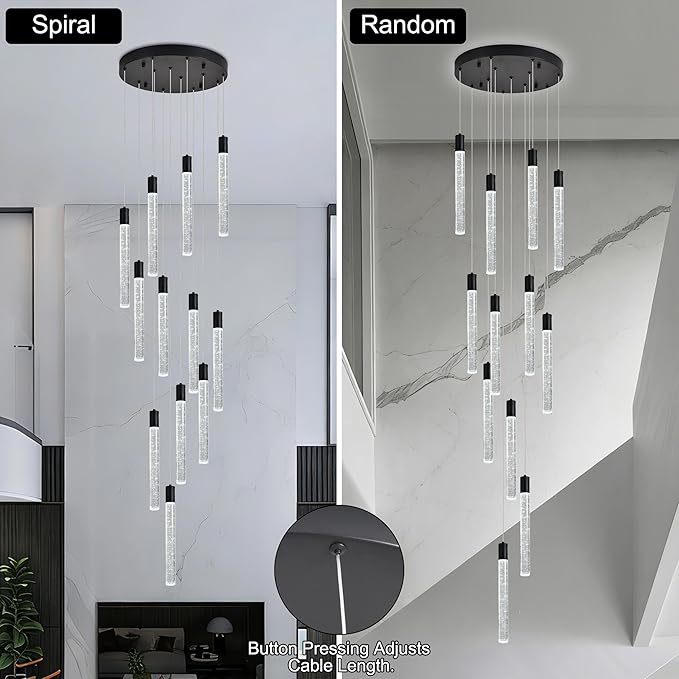 12-Lights Bubble Chandelier for Entryway High Ceiling-137 Height Adjustable Crystal Chandelier,3 Color Temperature Dimmable LED Pendant Light Fixture for Foyer Living Room Staircase,Matte Black