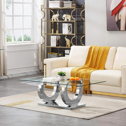 Glass Living Room Table Set of 3, Modern Glass Coffee Table with 1 Console Table & End Tables Set for Apartment, Luxury Coffee Table Sets Perfect for Living Room, Stainless Steel Frame