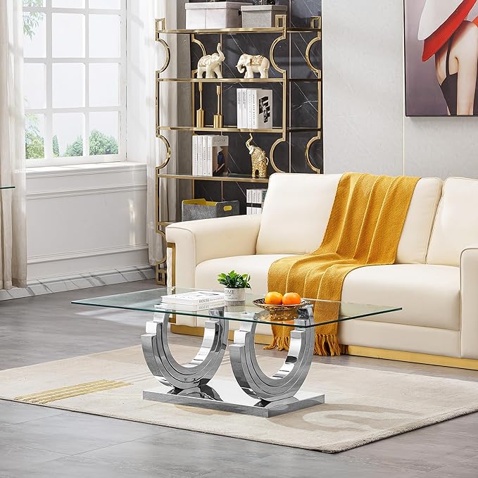 Glass Living Room Table Set of 2, Modern Glass Coffee Table with 1 End Tables Set for Apartment, Luxury Coffee Table Sets Perfect for Living Room, Stainless Steel Frame
