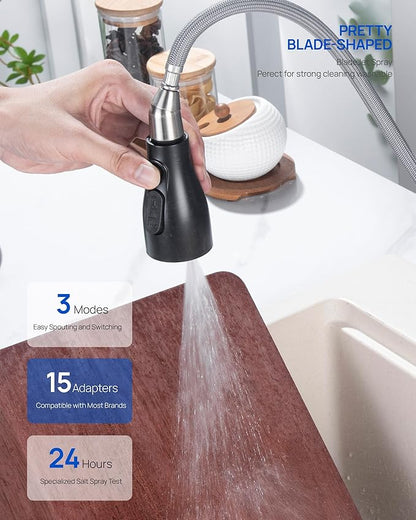 J-HVA Metal Kitchen Faucet Head Replacement – 3 Mode High-Pressure Sink Sprayer Replacement with 15 Nozzle Adapters, Durable Pull Down Spray Head for Kitchen Sink, Oil Rubbed Bronze, Stainless Steel