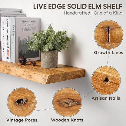 Floating Shelves Set of 2, Solid Elm Wood Wall Shelves 36 Inch - Invisible Bracket Mount for Living Room, Bedroom, Kitchen, Bathroom - Natural