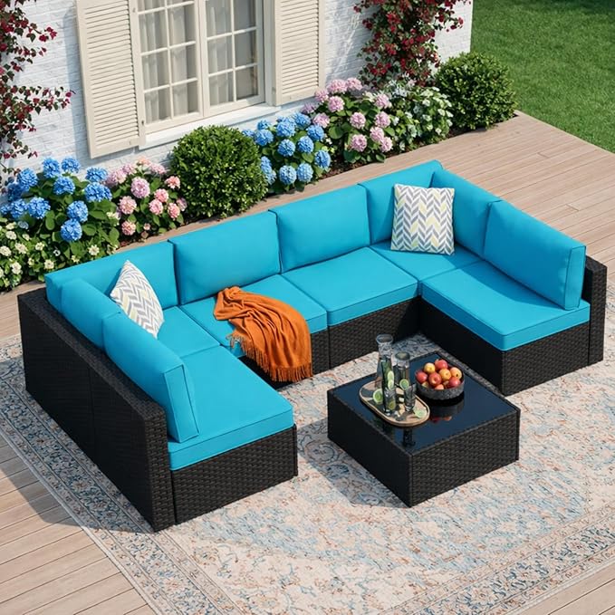 JAMFLY 7-Piece Outdoor Patio Furniture Set, Modular PE Rattan Sectional Sofa with Thick Cushions & Glass Coffee Table, Weather-Resistant Wicker Conversation Set for Poolside, Balcony, Garden, Blue