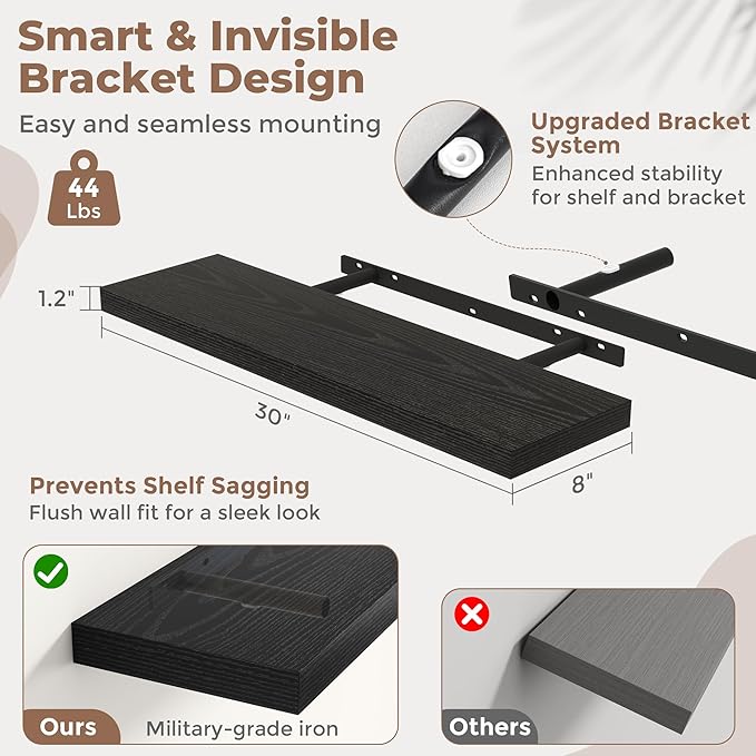 30 Inch Floating Shelves for Wall Set of 2, 8"D Wood Grain Bathroom Shelves with Invisible Brackets, Easy Install Engineered Wood Storage Shelves for Kitchen, Living Room, Bedroom, Black Finish