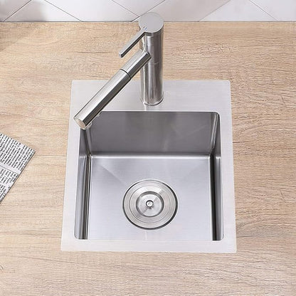 VCCUCINE Drop in Bar Sink, 15x15 Inch Topmount RV Small Kitchen Sink, Handmade Stainless Steel Wet Bar Sink, Outdoor Single Bowl, Brushed Nickel Prep Sink with Accessories