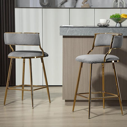 2-Pack Grey Corduroy Counter Height Bar Stools with Back, Golden Chrome Base and Footrest, Modern Kitchen Island Stools Set of 2, Upholstered Dining Stools for Home, Office, Cafe
