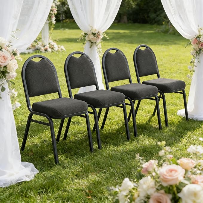 Stackable Banquet Dining Chairs 4 Pack, Upholstered Crown Back Event Chairs with Black Fabric Seat, Heavy Duty Steel Frame, 300 lb Capacity, No Assembly, for Restaurant Wedding Conference
